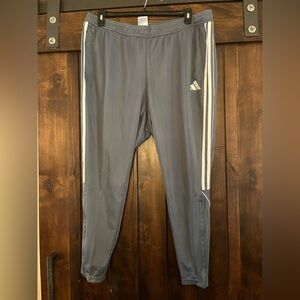 adidas Gray jogger/soccer Pants with White Side Stripes. Tapered leg